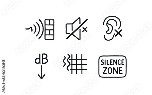 hand drawn cute doodle style line isolated on white background soundproofing (symbols): sound wave mute icon ear with cross decibel drop noise grid silence zone
