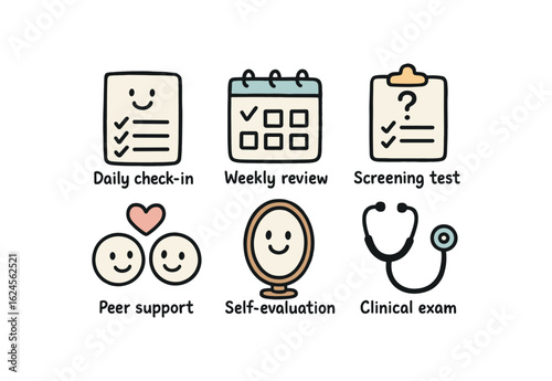 hand drawn cute doodle style line isolated on white background mental health check (types): daily check weekly review screening test peer support self evaluation clinical exam