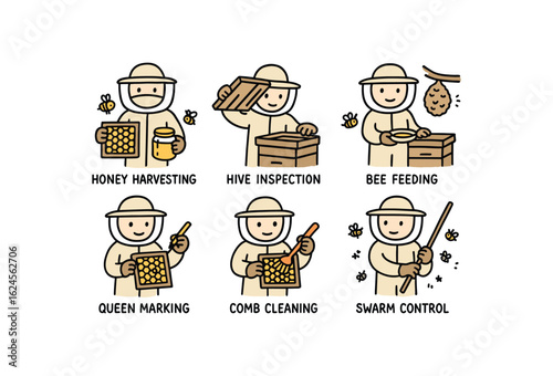 hand drawn cute doodle style line isolated on white background beekeeper (activities): honey harvesting hive inspection bee feeding queen marking comb cleaning swarm control
