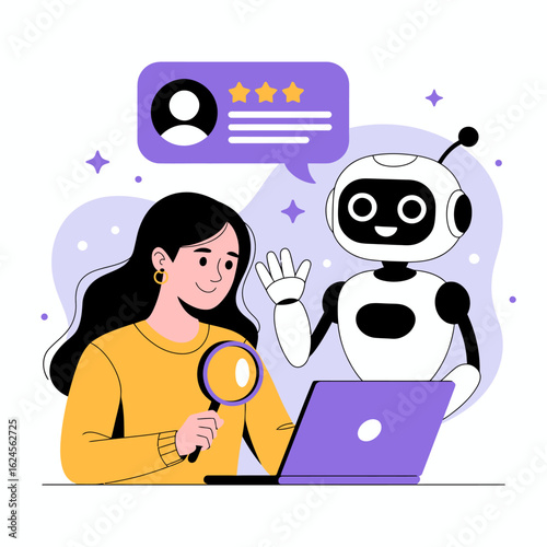 Hiring set. Character and intelligence robot working together. Business recruitment process, job searching, employee evaluation concept. Vector illustration.
