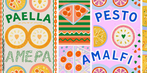 Vibrant mediterranean collage featuring paella pesto and amalfi coast with citrus and food motifs