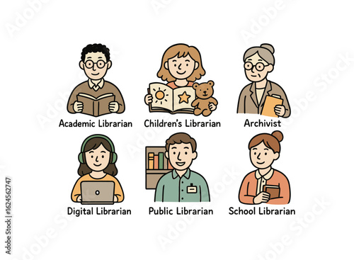 hand drawn cute doodle style line isolated on white background librarian (types): academic librarian children librarian archivist digital librarian public librarian school librarian
