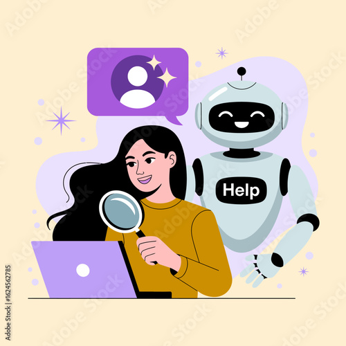 Hiring set. Character and intelligence robot working together. Business recruitment process, job searching, employee evaluation concept. Vector illustration.
