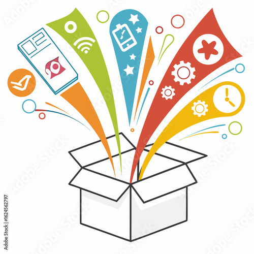 Open box with colorful ideas and icons bursting out
