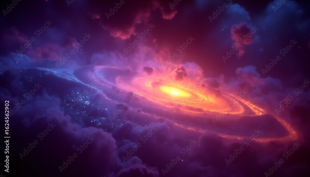 Fototapeta premium A glowing nebula with swirling clouds displays vibrant cosmic colors and a sense of expansive space.