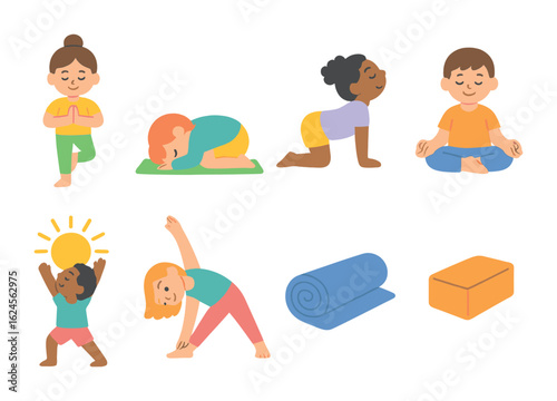 Yoga Pose Illustrations. Flat vector mini-illustrations Yoga and body balance in colors children's