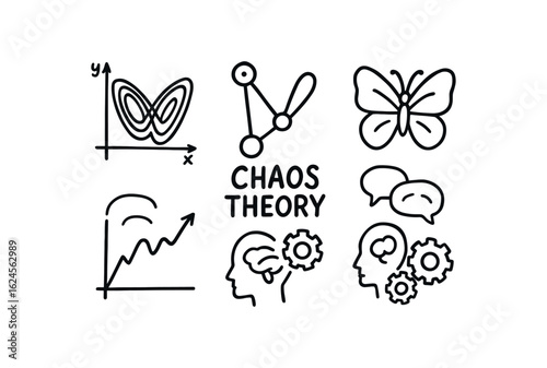 hand drawn cute doodle style line isolated on white background chaos theory (contexts): mathematics physics biology economics psychology systems theory
