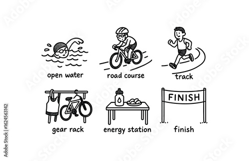 hand drawn cute doodle style line isolated on white background triathlete (scenes): open water road course track line gear rack energy station finish banner
