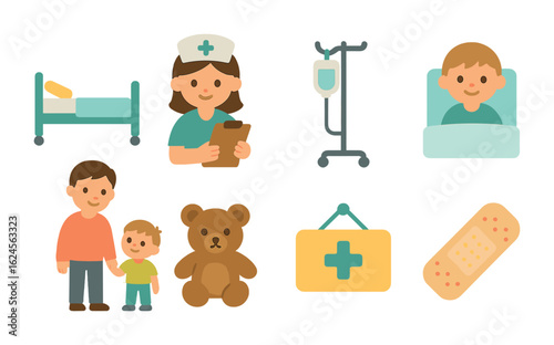 Children's Hospital Experience. Flat vector mini-illustrations Hospital ER experience for kids in colors
