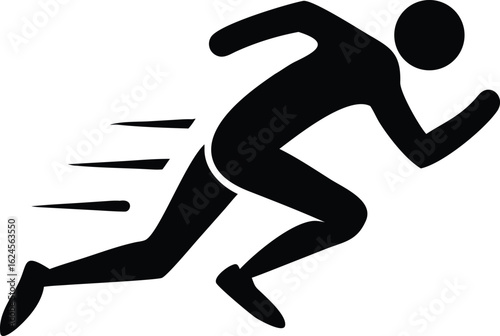 Black silhouette of a runner in motion with speed lines on a white background Keywords: running, runner, athlete, sport, speed, motion, sprint, race, track, athletic, fitness, exercise, movement
