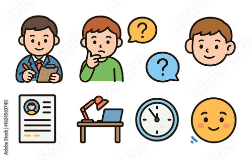 Interview Icons for Kids. Flat vector mini-illustrations Listening in interviews and assessments in colors
