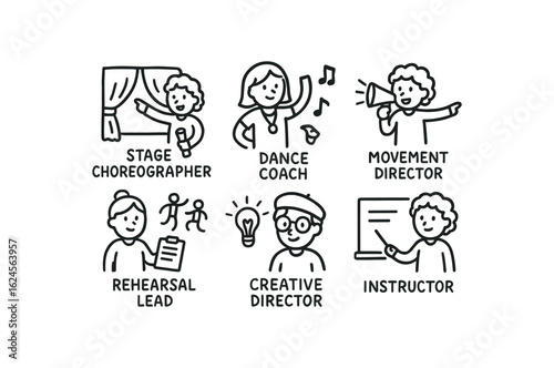hand drawn cute doodle style line isolated on white background choreographer (roles): stage choreographer dance coach movement director rehearsal lead creative director instructor