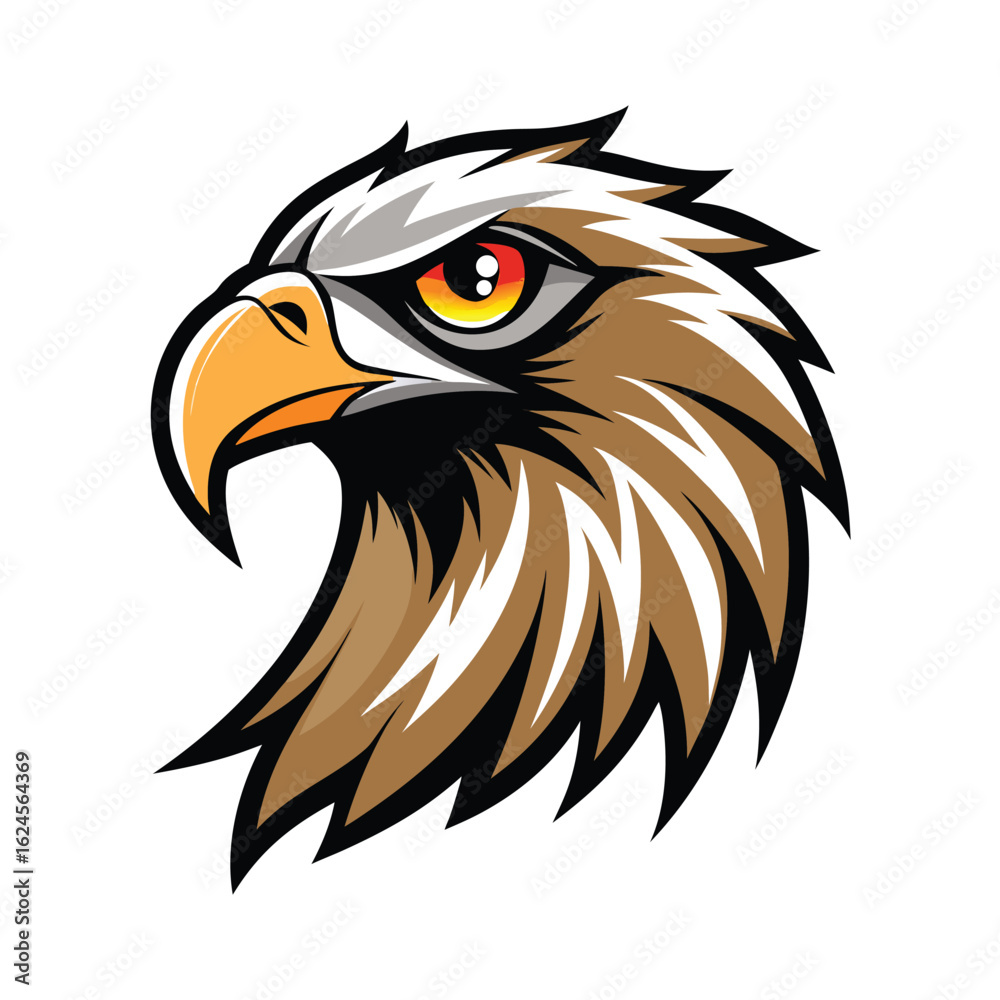 Fototapeta premium Majestic eagle head profile, featuring sharp beak and piercing eyes, isolated on white background, conveying freedom, vision, and power for sports mascots or emblems