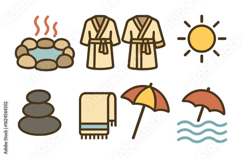 Thermal Springs Icons. Flat vector mini-illustrations thermal springs visits in colors children's