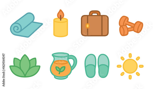 Children's Yoga Retreat Icons. Flat vector mini-illustrations yoga retreats in colors children's illustrations