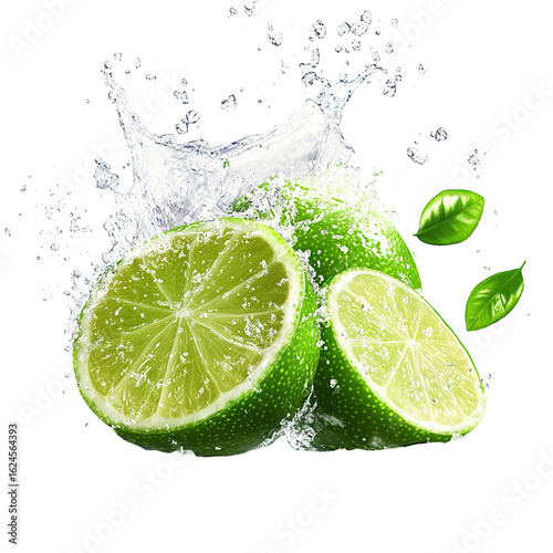 Lemonade explosion with vibrant yellow liquid, lemon slices, mint leaves, and bubbles