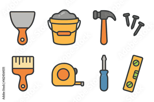 Children's Repair Tools. Flat vector mini-illustrations wall repair tools in colors children's illustrations: