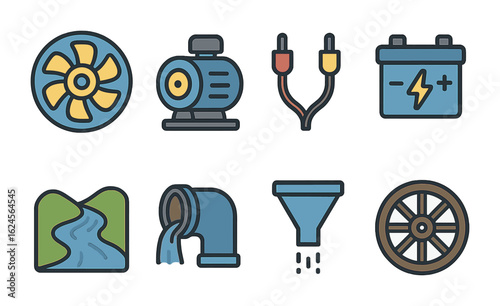 Micro-Hydro Equipment Icons. Flat vector mini-illustrations micro-hydro equipment in colors children's