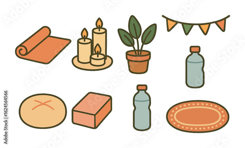 Yoga Day Icons. Flat vector mini-illustrations indoor yoga day in colors children's illustrations: mat,