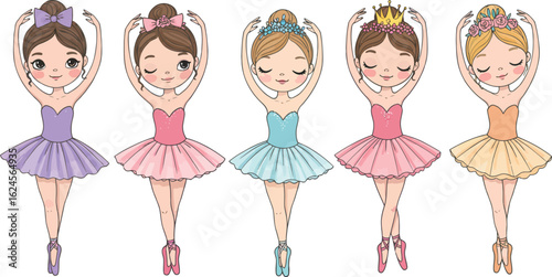 Five adorable cartoon ballerinas in colorful tutus and ballet shoes performing a graceful pose isolated on transparent background