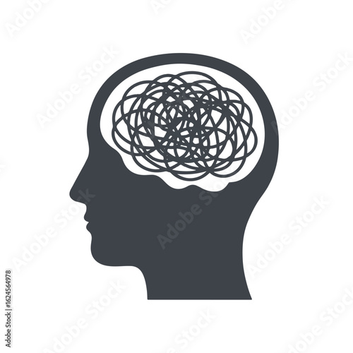 Silhouette of a head with a tangled mess inside, representing confusion, anxiety, or mental health issues.
