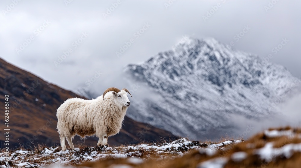 Fototapeta premium White ram on mountaintop in winter