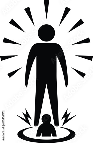 a large silhouette radiates angular energy, overshadowing a smaller protected figure encircled with lightning bolts, symbolizing power dynamics or influence.