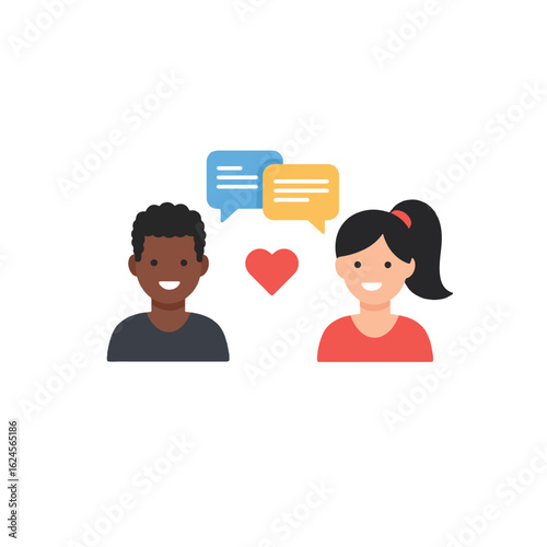 Smiling diverse couple exchanging messages, with a heart symbol between them.