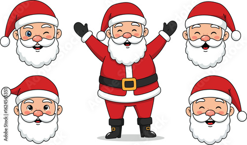 Collection of five cheerful santa claus faces and full body figure isolated on transparent background