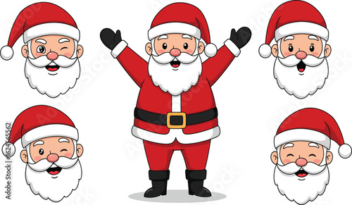 Collection of cheerful santa claus faces and a full body illustration isolated on transparent background