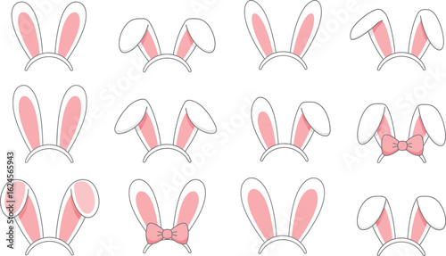 Collection of twelve fluffy white and pink bunny ear headbands for easter celebrations isolated on transparent background