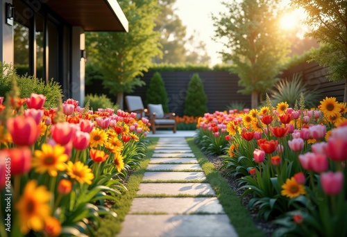 Wallpaper Mural vibrant flower beds modern backyard garden design colorful landscape floral arrangement, input, oasis, blooming, bloom, vegetation, site, plot, nature Torontodigital.ca