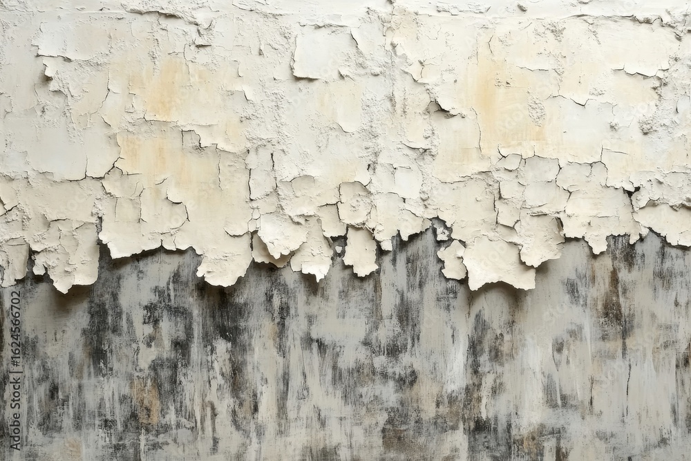 Obraz premium Old peeling white paint on a concrete wall, offering a distressed and industrial background for interior design, Generative AI