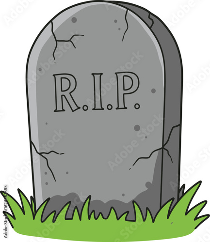 A weathered grey tombstone with rip inscribed standing in green grass isolated on transparent background