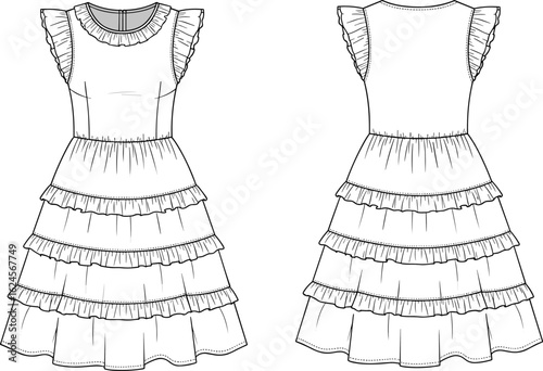 Women's Sleeveless Dress with Scoop Neck, Crisscross Back Straps, and Pleated Gathered Skirt - Technical Sketch.
