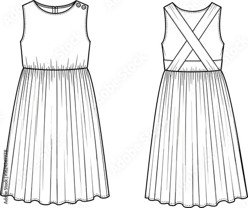 Women's Smocked Bodice Dress with Puffed Sleeves and Tiered Ruffled Skirt - Technical Fashion Flat Sketch.