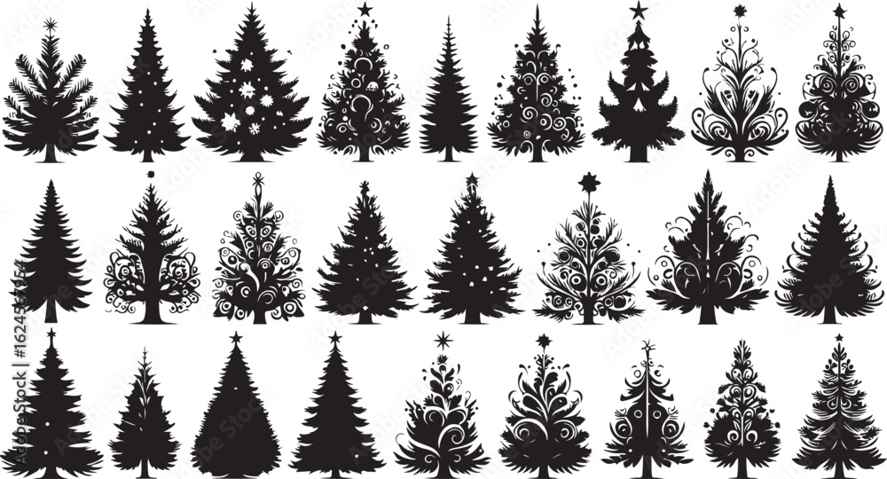 Obraz premium Black and white seamless Christmas tree vector pattern illustration