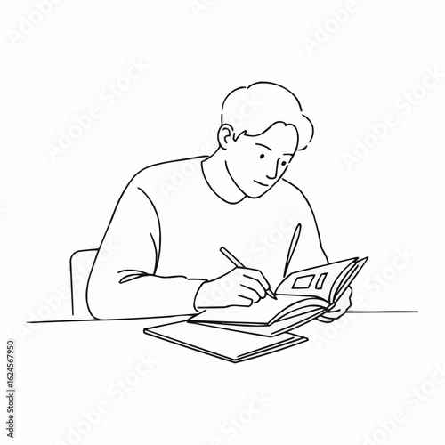 Young man studying and taking notes in a notebook at a desk  