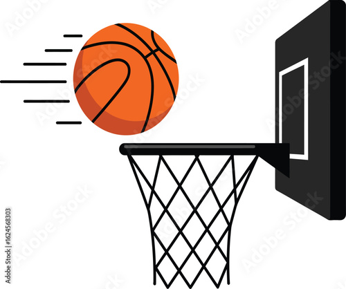 Basketball flying through the air towards a hoop and net isolated on transparent background