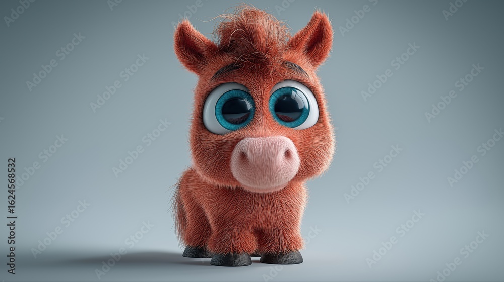 Fototapeta premium Cute cartoon red fire horse with big blue eyes - Symbol of 2026. Blurred background. Soft, warm tones.