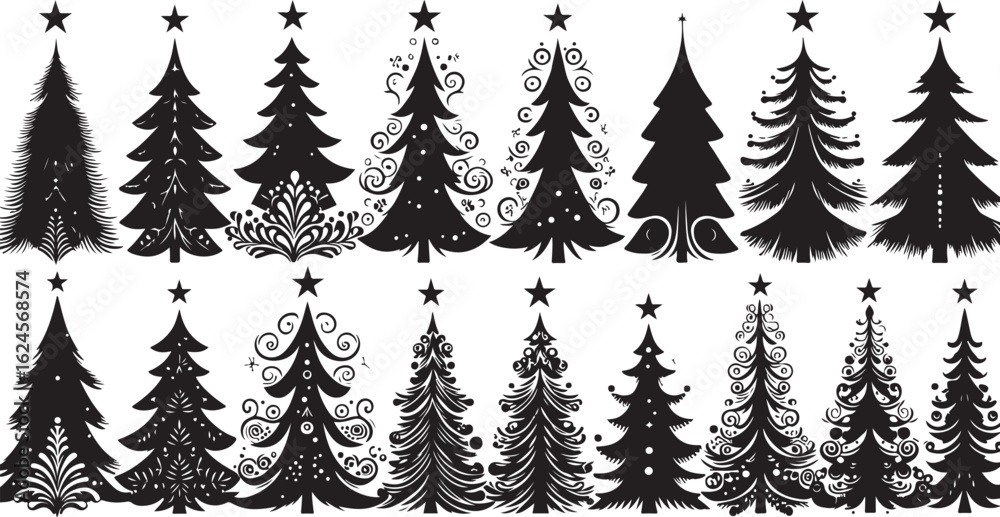 Obraz premium Black and white seamless Christmas tree vector pattern illustration