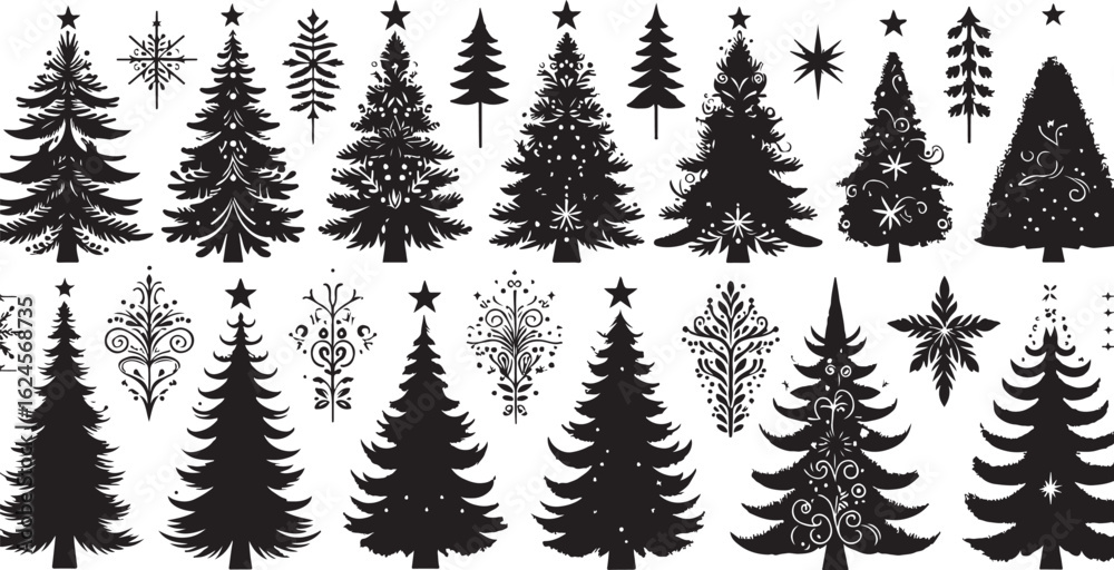 Obraz premium Black and white seamless Christmas tree vector pattern illustration