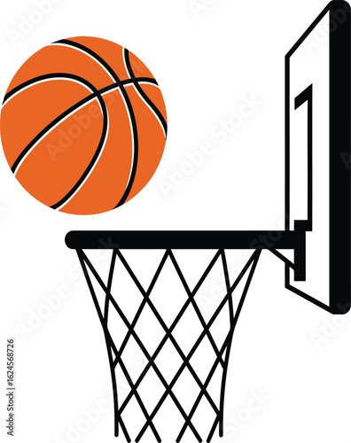 A basketball in mid air about to go through a basketball hoop and net isolated on transparent background