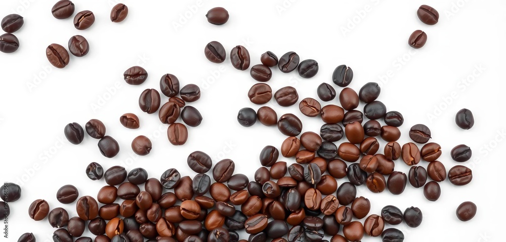Dark roasted coffee beans scattered on pristine white background,  close-up, coffee beans