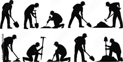 Construction worker silhouette set. Vector collection of a man digging with a shovel and doing manual labor.

