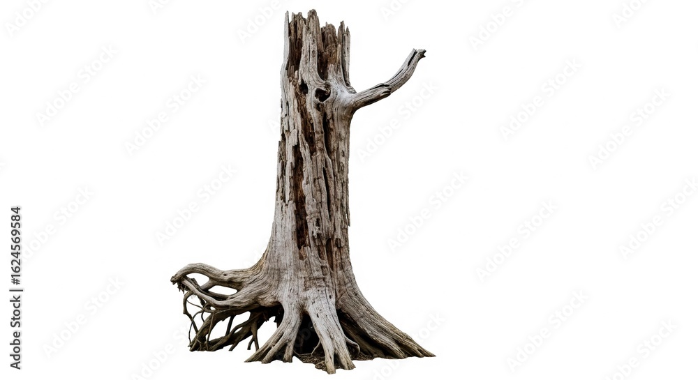 Fototapeta premium A weathered tree stump with exposed roots and a hollow trunk stands starkly