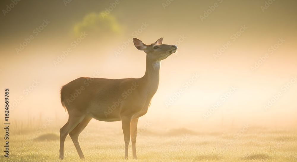 Naklejka premium A majestic deer standing proudly in a misty meadow, bathed in golden sunlight, serene nature