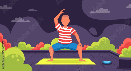 Man practicing yoga on a rooftop terrace at sunset, perfect for health and wellness websites or brochures.