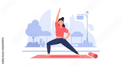Woman practicing yoga outdoors in a city park; perfect for health and wellness websites, blogs, or brochures.