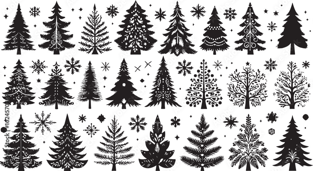 Obraz premium Black and white seamless Christmas tree vector pattern illustration